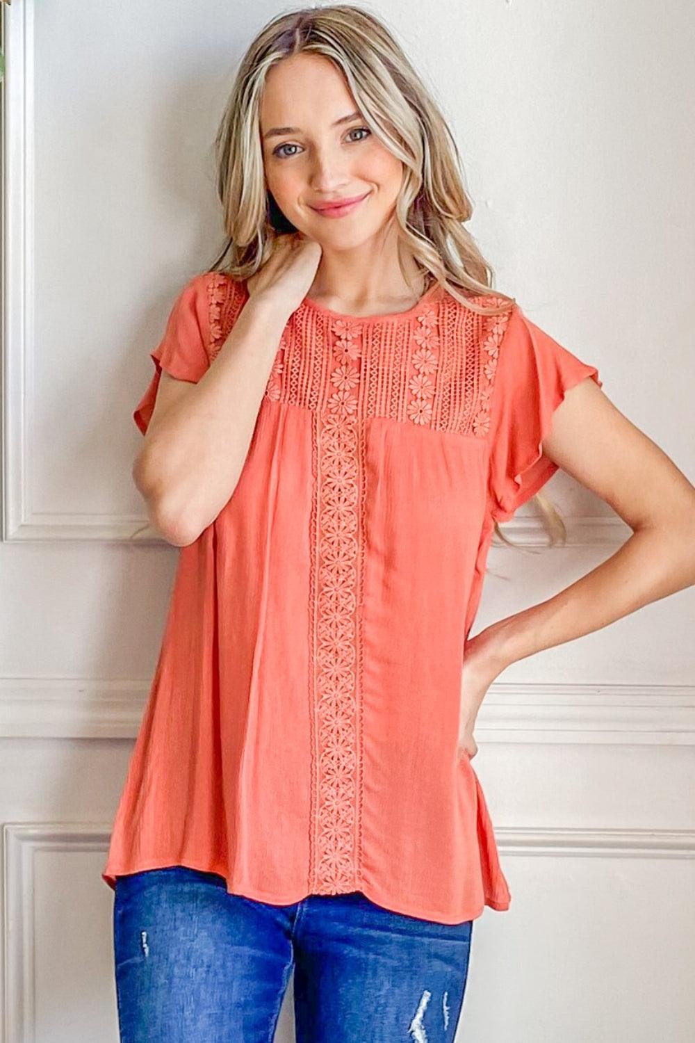 And The Why Lace Detail Ruffle Short Sleeve Blouse Carauana Store