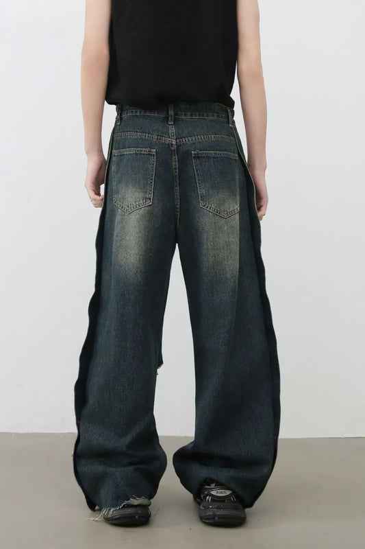 Men's Frayed Hem Distressed Wide Leg Jeans