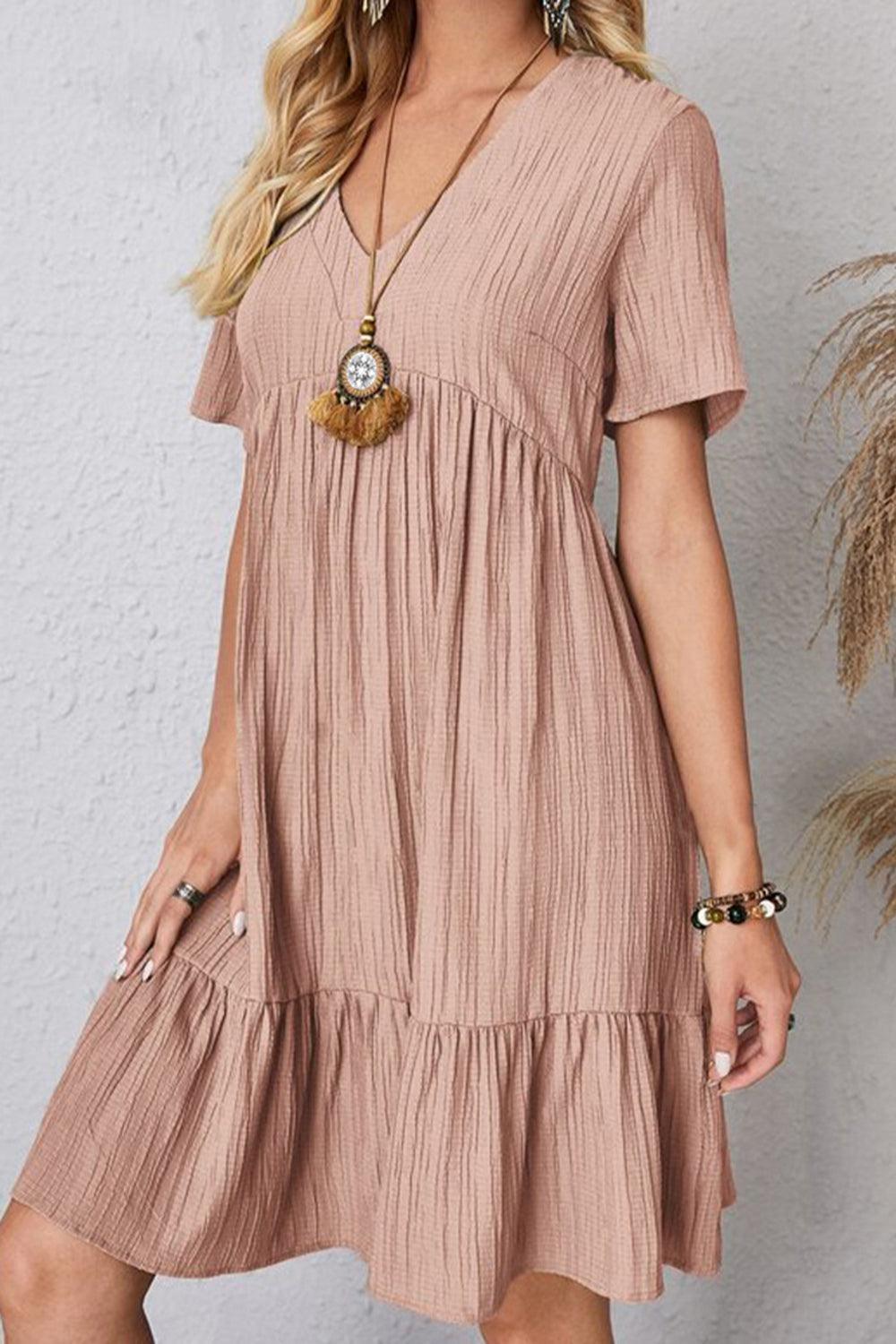 Full Size Ruched V-Neck Short Sleeve Dress Carauana Store