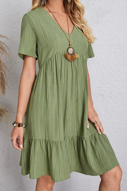 Full Size Ruched V-Neck Short Sleeve Dress Carauana Store