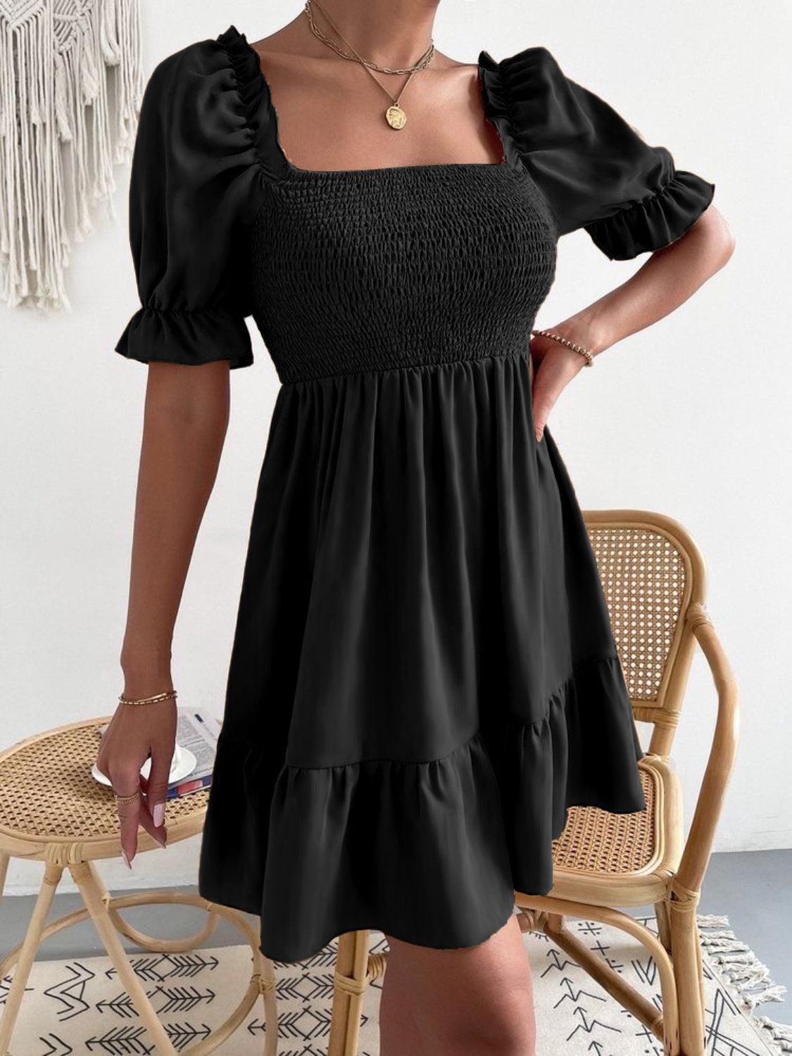 Smocked Square Neck Short Sleeve Dress Carauana Store