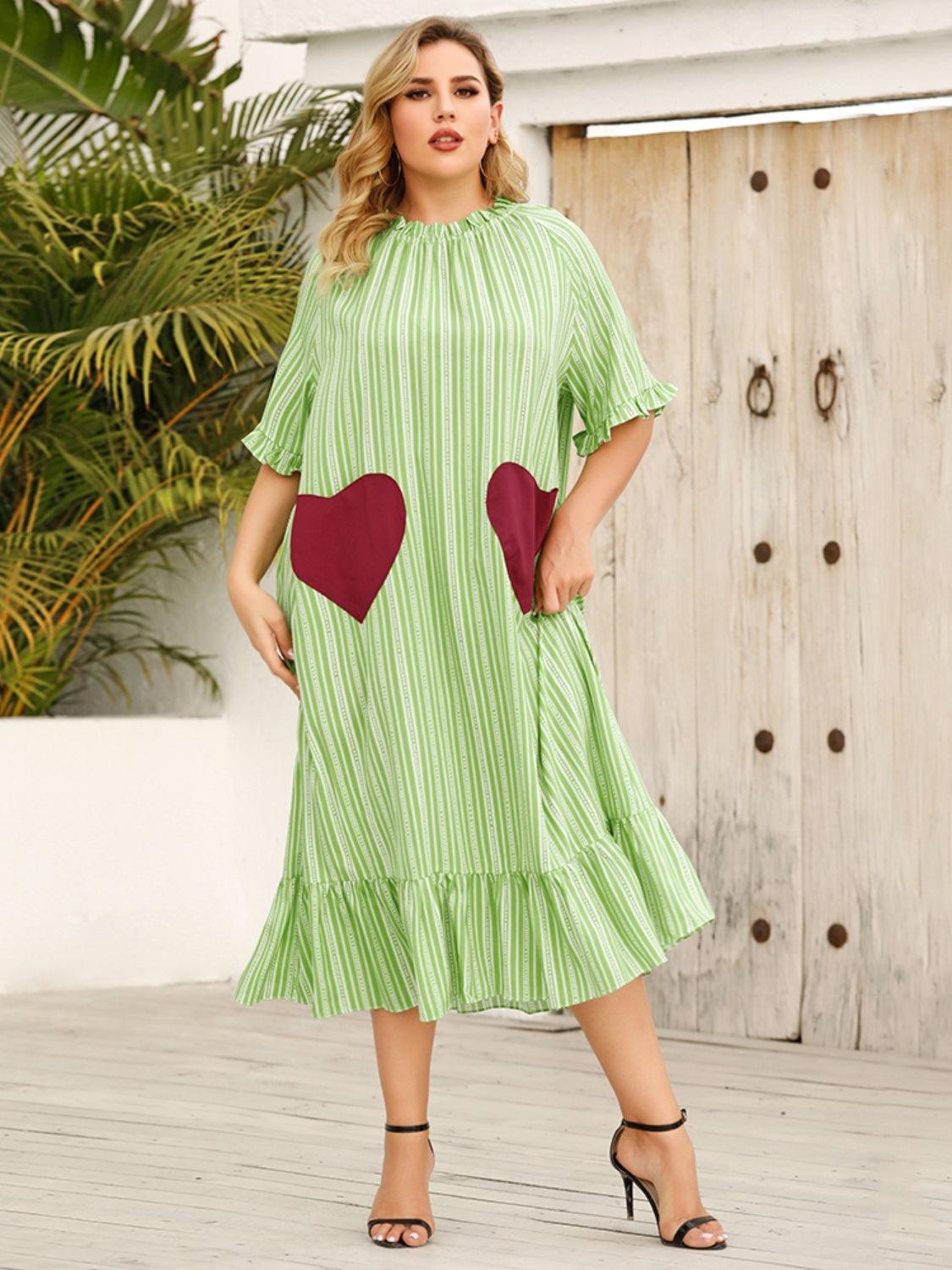Plus Size Frill Heart Striped Half Sleeve Dress Carauana Store