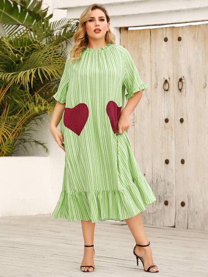 Plus Size Frill Heart Striped Half Sleeve Dress Carauana Store