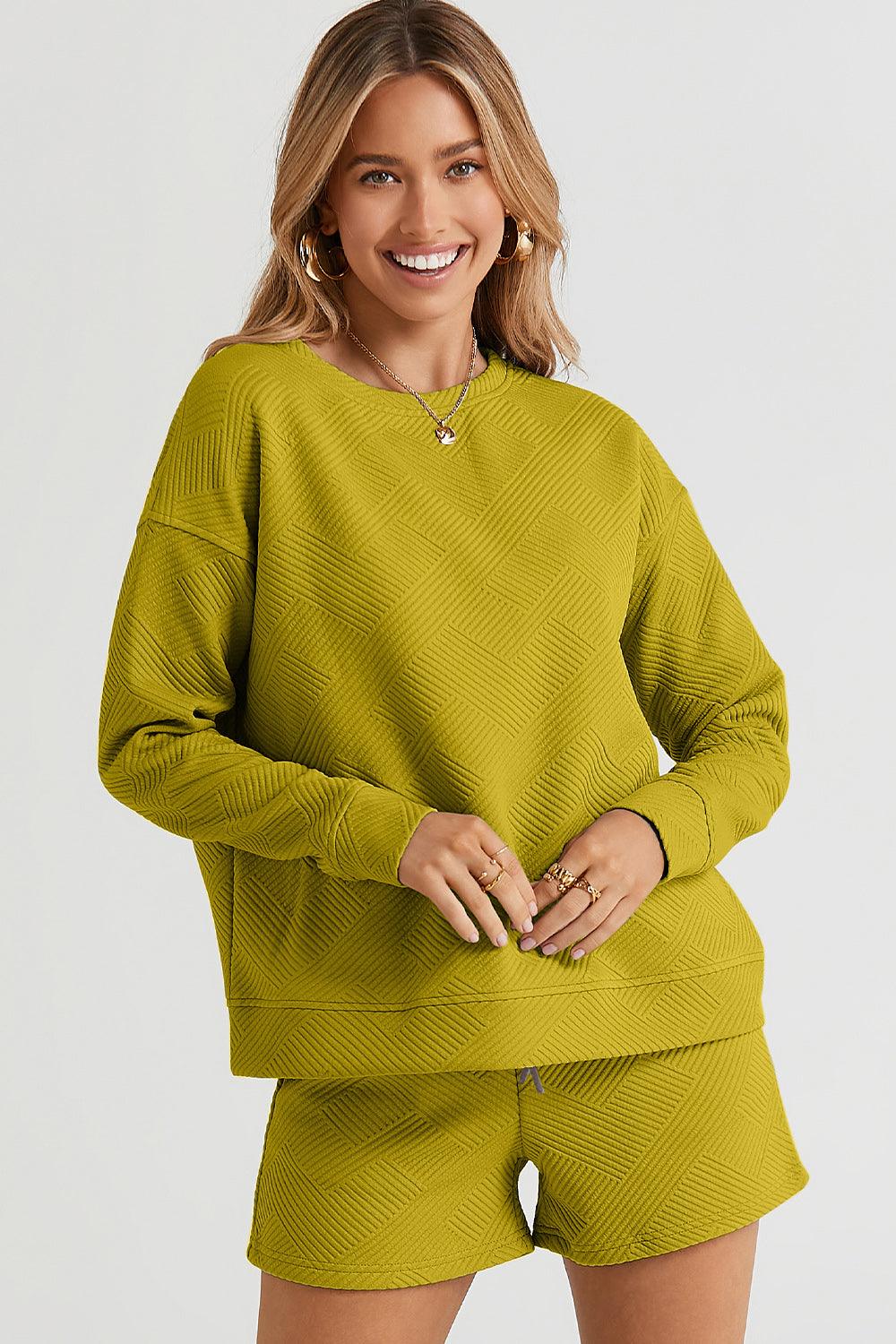 Double Take Full Size Texture Long Sleeve Top and Drawstring Shorts Set Carauana Store