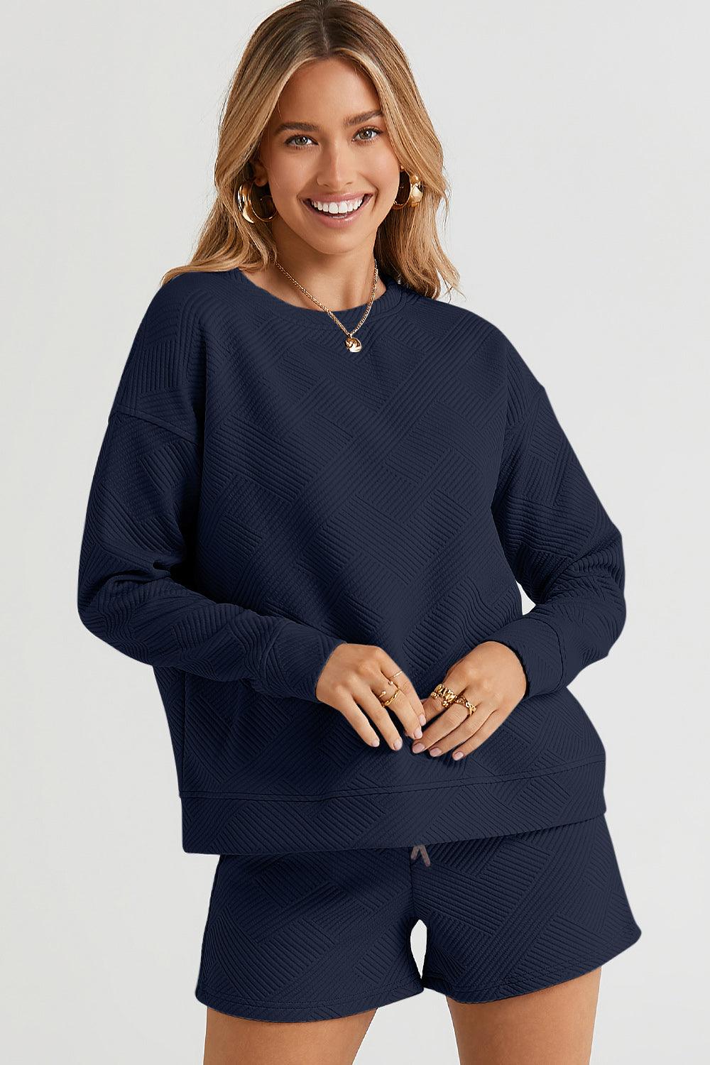 Double Take Full Size Texture Long Sleeve Top and Drawstring Shorts Set Carauana Store