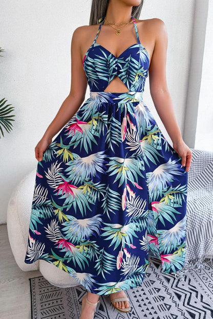 Botanical Print Tied Backless Cutout Slit Dress Carauana Store