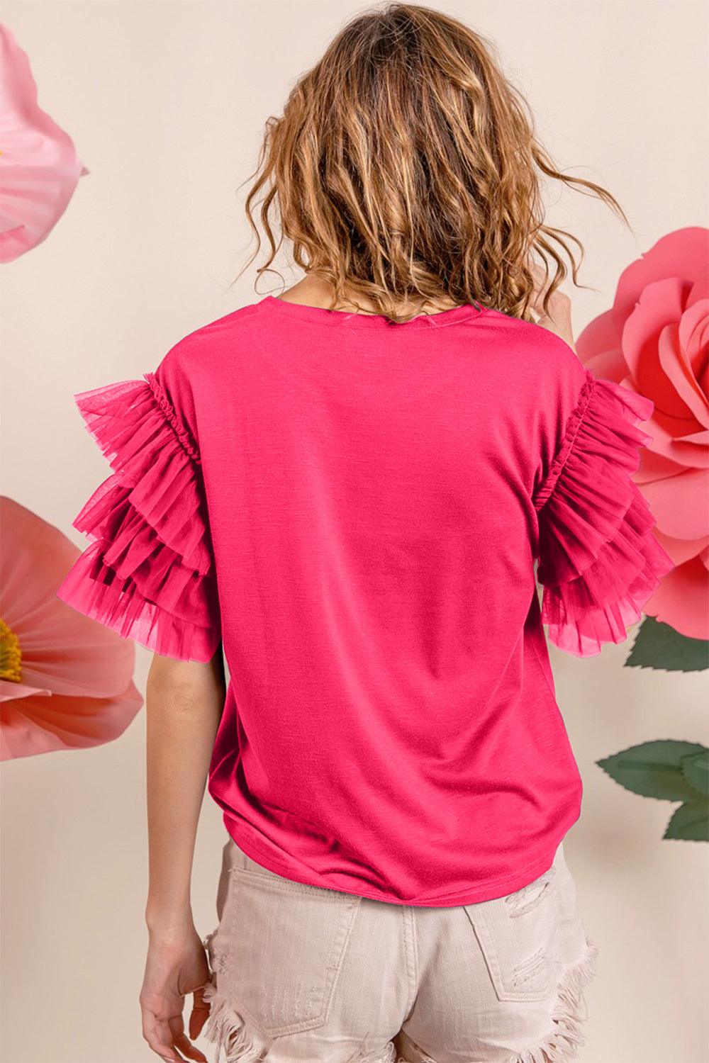 BiBi Ruffle Mesh Lace Layered Short Sleeve Top Carauana Store