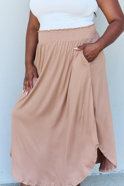 Doublju Comfort Princess Full Size High Waist Scoop Hem Maxi Skirt in Tan Carauana Store