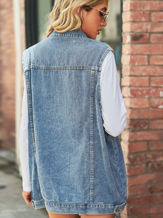 Collared Neck Sleeveless Denim Top with Pockets Carauana Store