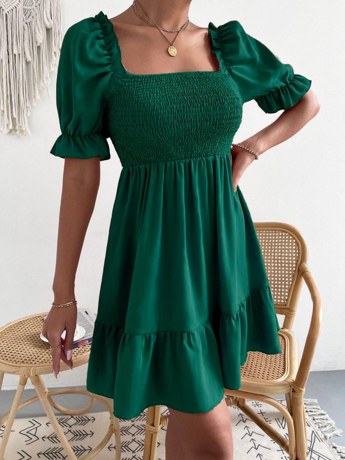 Smocked Square Neck Short Sleeve Dress Carauana Store