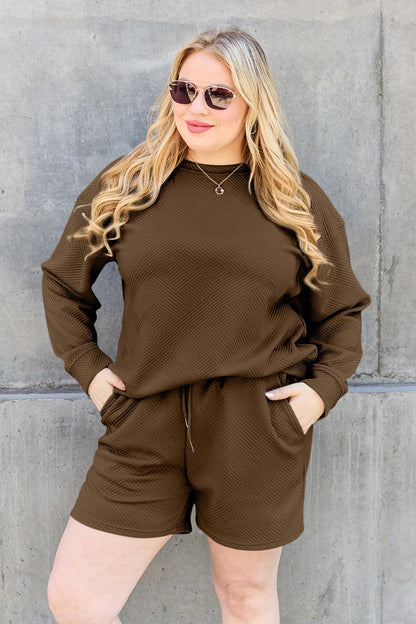 Double Take Full Size Texture Long Sleeve Top and Drawstring Shorts Set Carauana Store