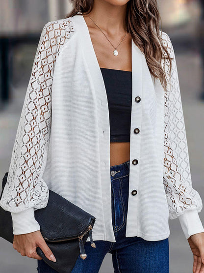 Shiny Lantern Sleeve V-Neck Button-Down Cardigan Carauana Store