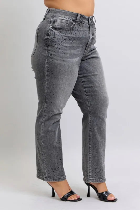Judy Blue Full Size High Waist Rhinestone Straight Jeans Plus Size Carauana Store