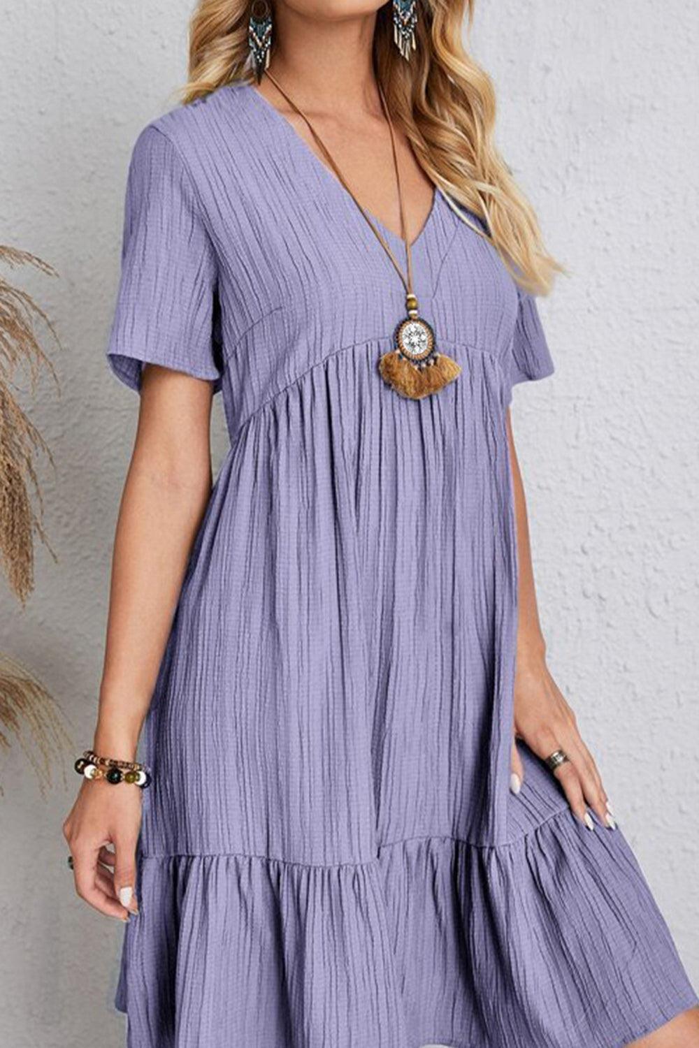 Full Size Ruched V-Neck Short Sleeve Dress Carauana Store