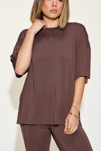 Basic Bae Full Size Bamboo Drop Shoulder T-Shirt and Flare Pants Set Carauana Store