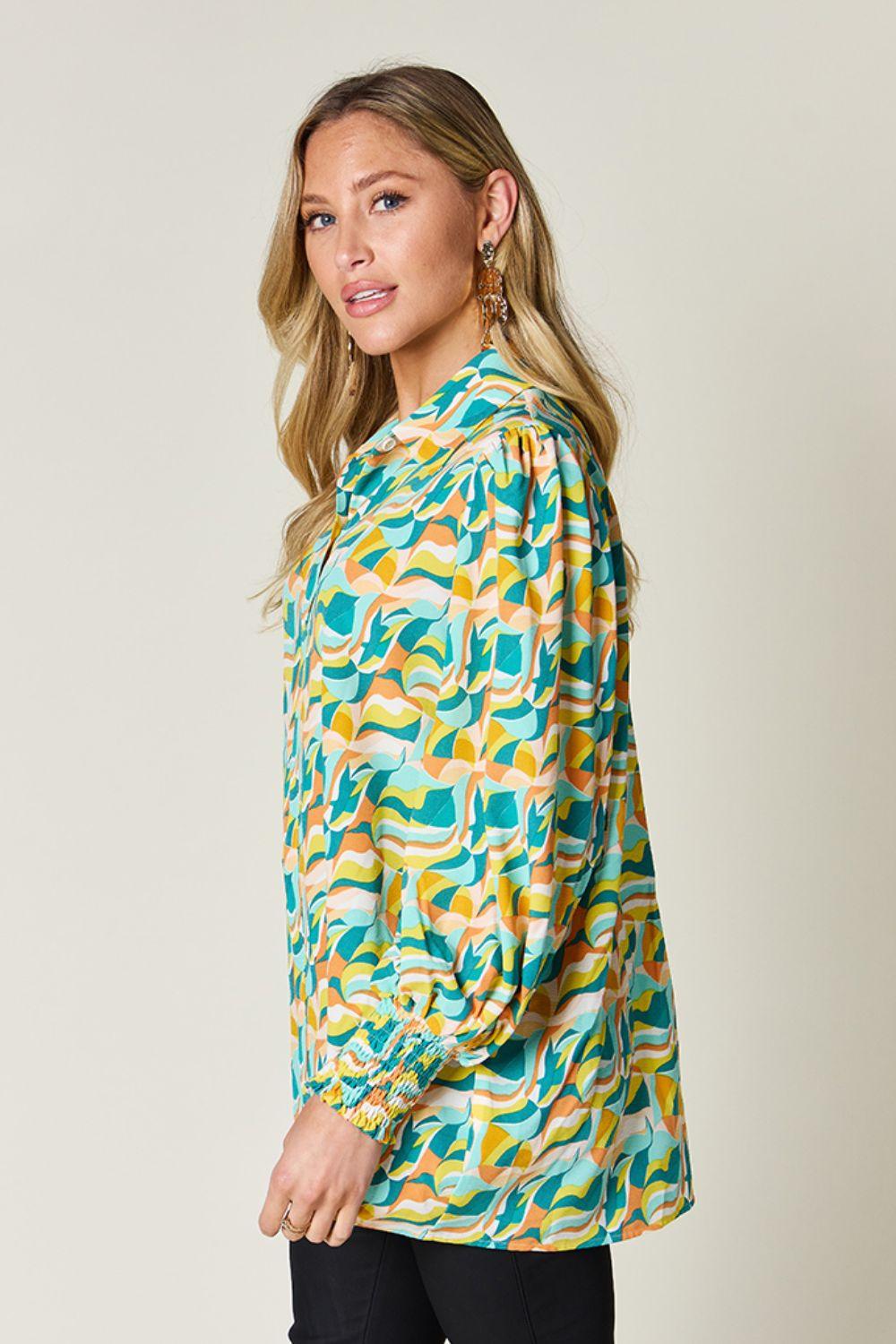 Double Take Full Size Printed Smocked Long Sleeve Blouse Carauana Store