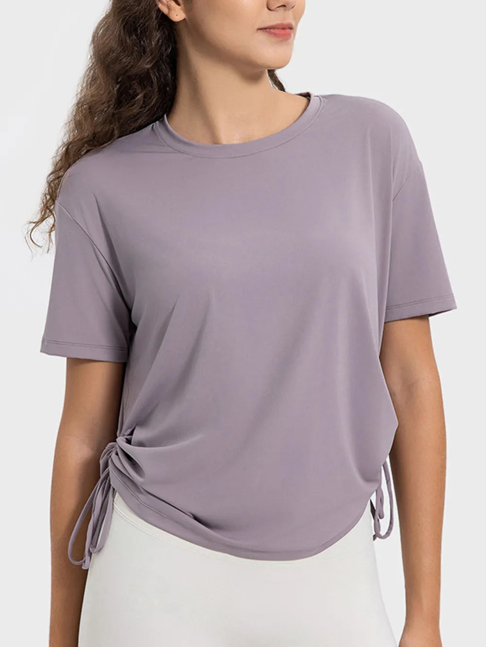 Millennia Drawstring Round Neck Short Sleeve Active T-Shirt Carauana Store