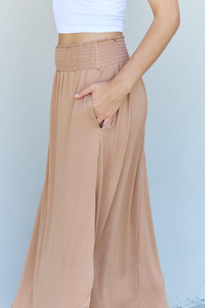 Doublju Comfort Princess Full Size High Waist Scoop Hem Maxi Skirt in Tan Carauana Store