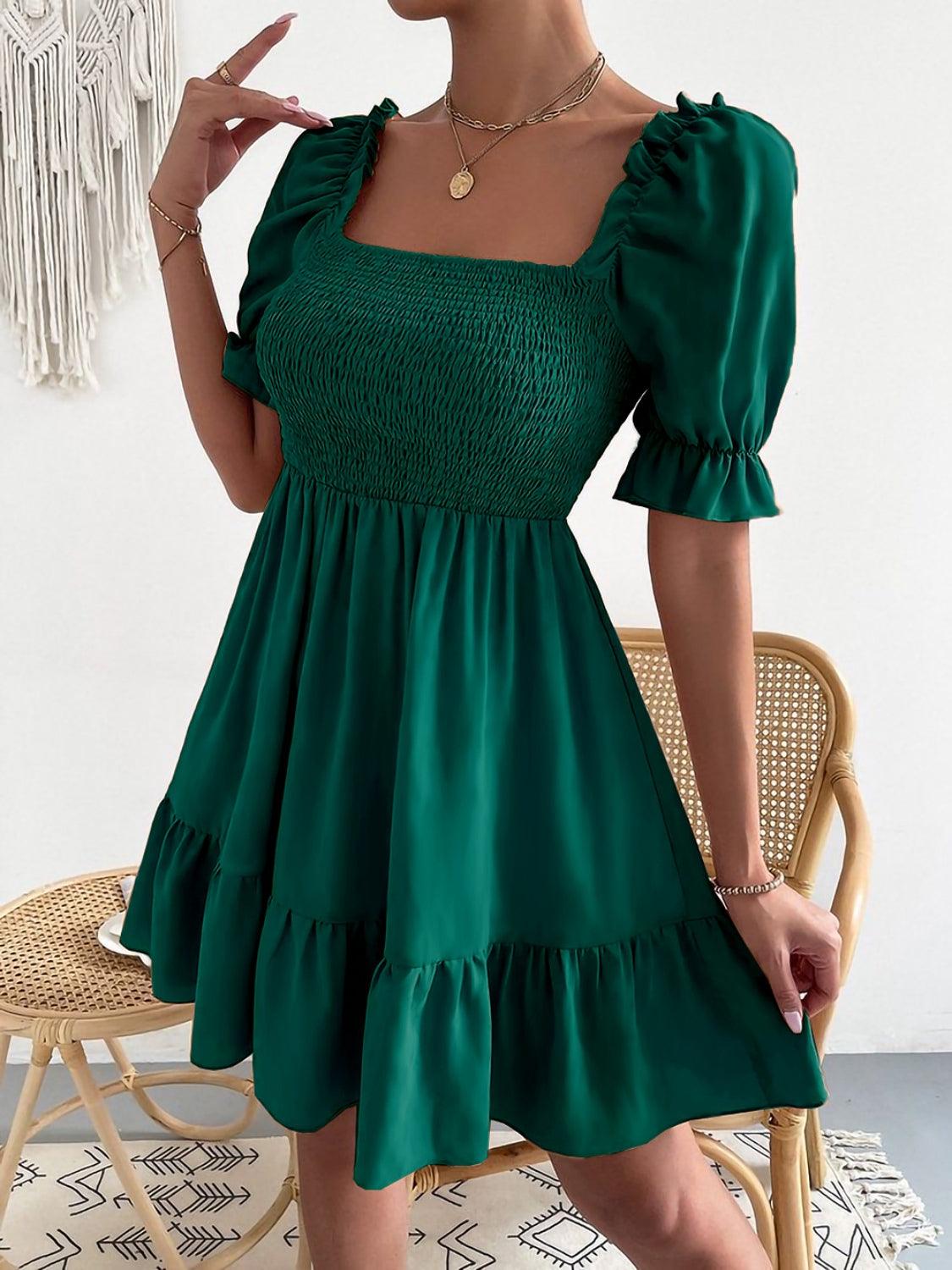 Smocked Square Neck Short Sleeve Dress Carauana Store