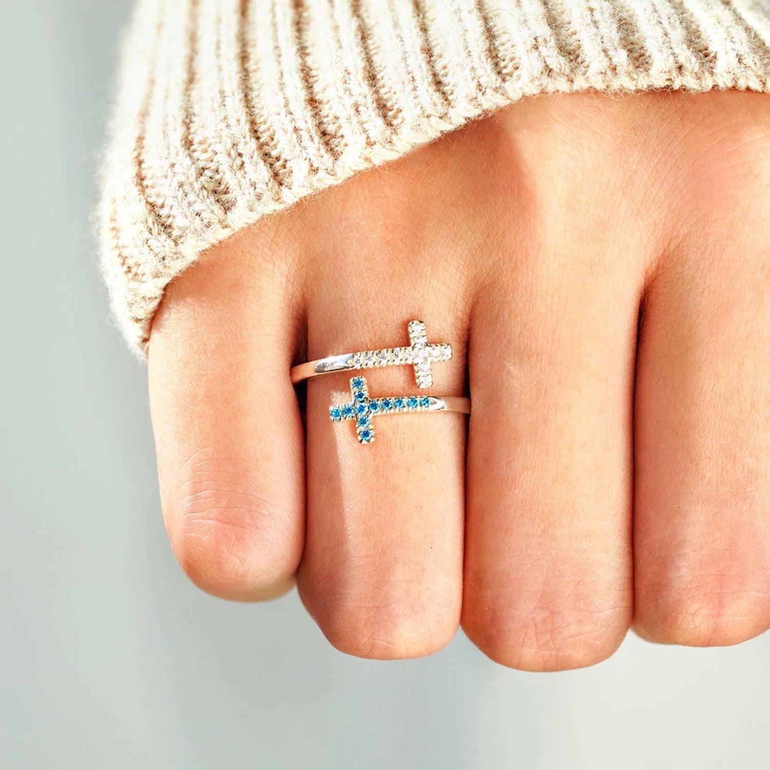 Zircon 925 Sterling Silver Double Cross Bypass Ring Carauana Store