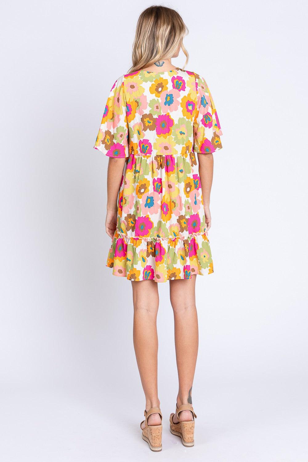 GeeGee Floral V-Neck Ruffle Hem Mini Dress Carauana Store