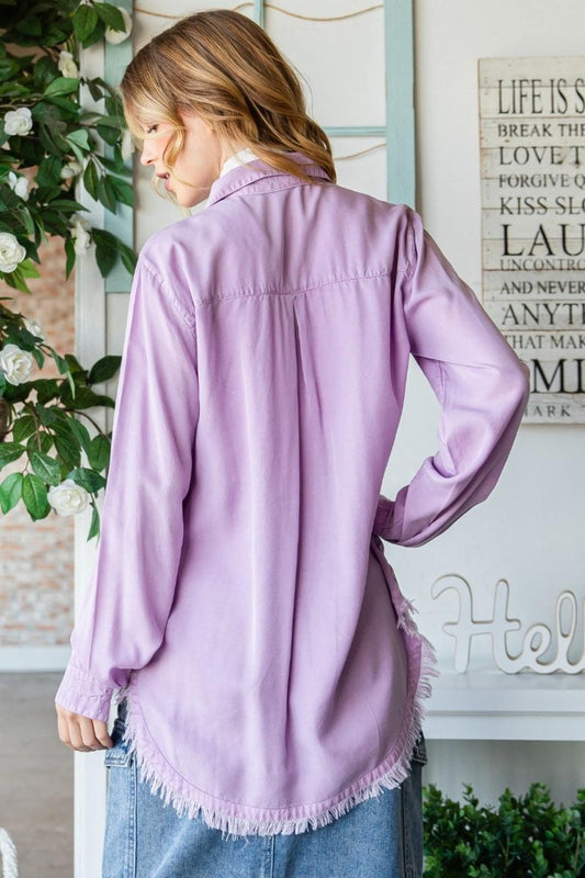 Veveret Raw Hem Button Up Long Sleeve Shirt Carauana Store