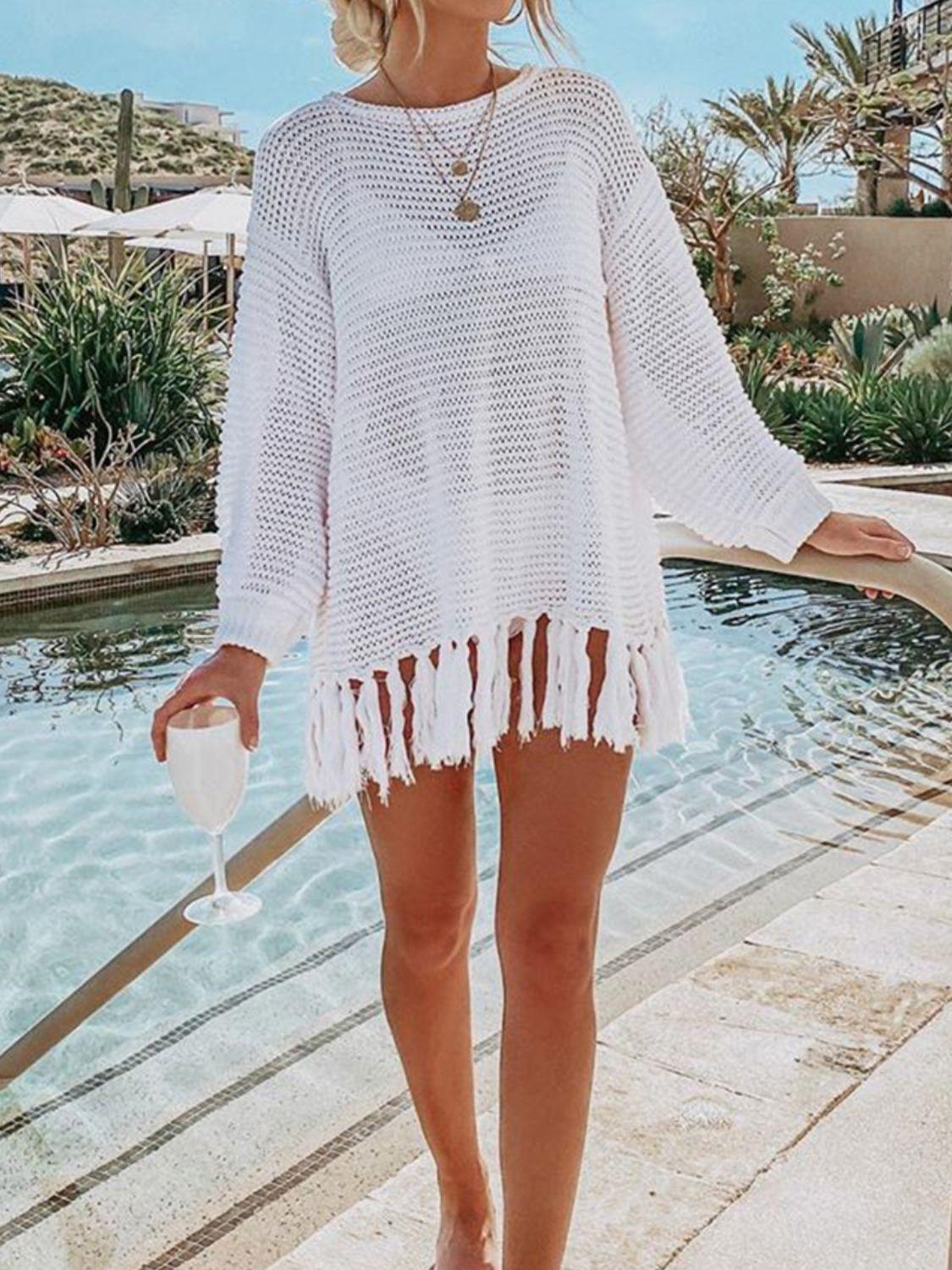 Double Take Openwork Tassel Hem Long Sleeve Knit Cover Up Carauana Store