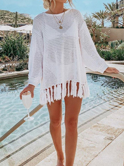 Double Take Openwork Tassel Hem Long Sleeve Knit Cover Up Carauana Store