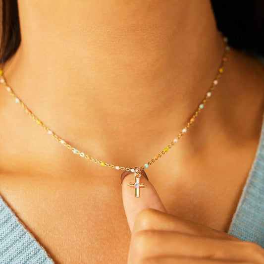 Inlaid Zircon 18K Gold-Plated Cross Bead Necklace Carauana Store