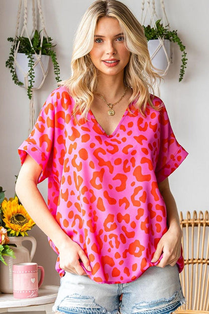 First Love Leopard V-Neck Short Sleeve Woven Top Carauana Store