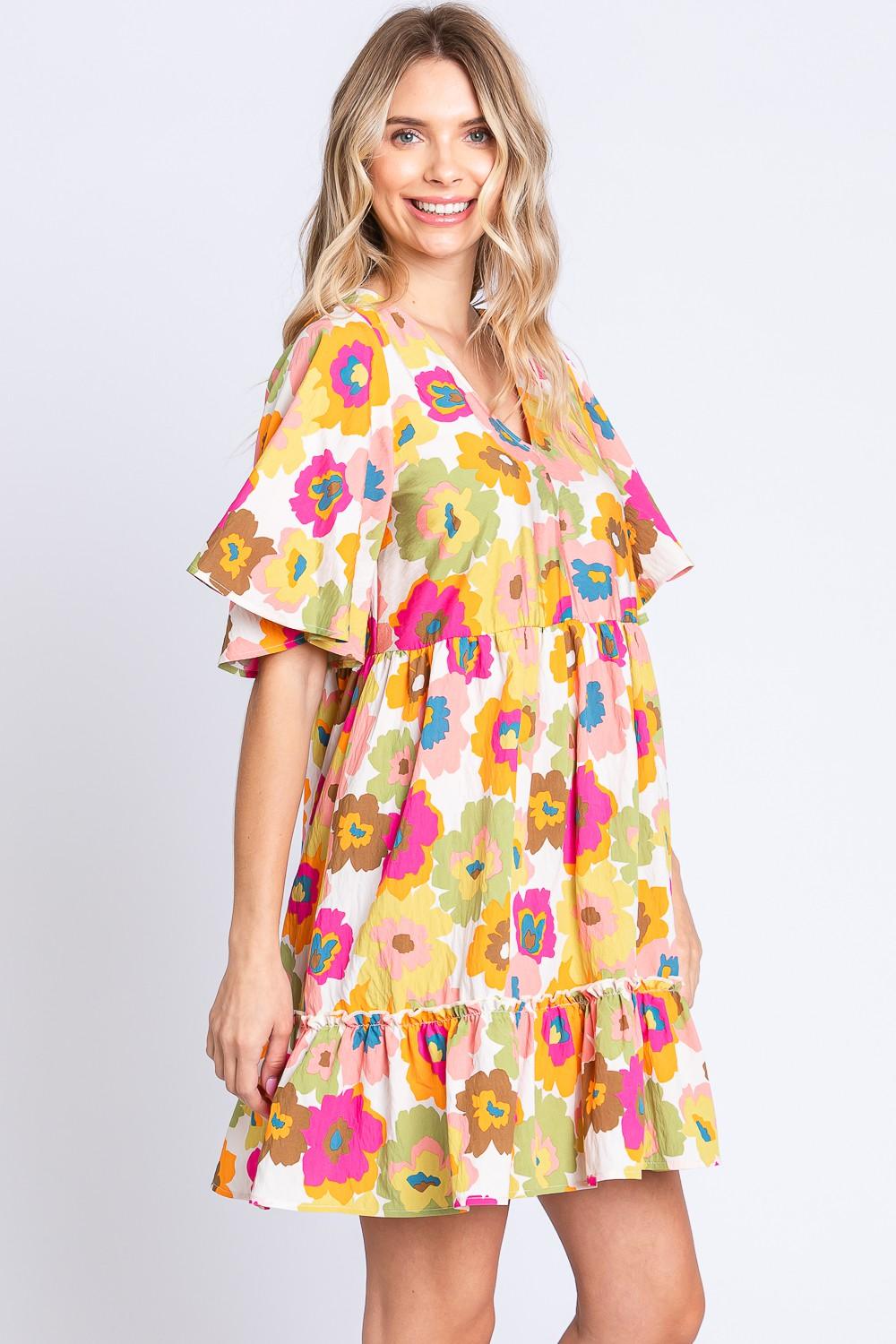 GeeGee Floral V-Neck Ruffle Hem Mini Dress Carauana Store
