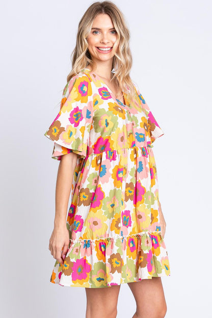 GeeGee Floral V-Neck Ruffle Hem Mini Dress Carauana Store
