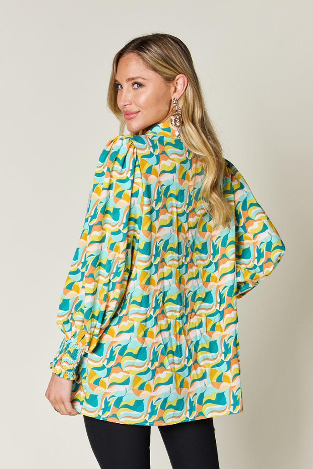 Double Take Full Size Printed Smocked Long Sleeve Blouse Carauana Store