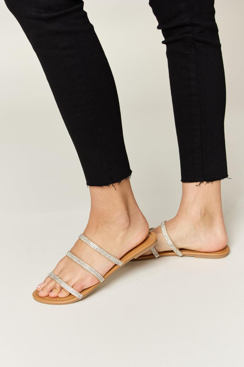 WILD DIVA Rhinestone Three-Strap Flat Sandals Carauana Store