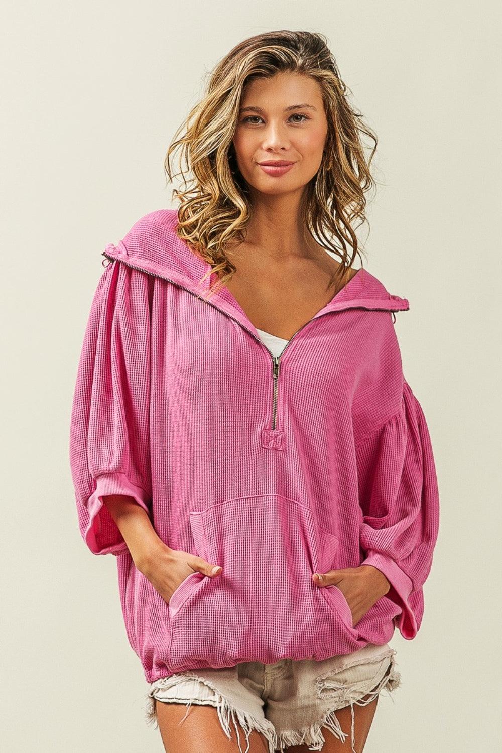 BiBi Waffle-Knit Half Zip Hooded Top Carauana Store
