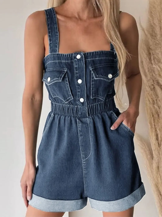Wide Strap Denim Romper with Pockets