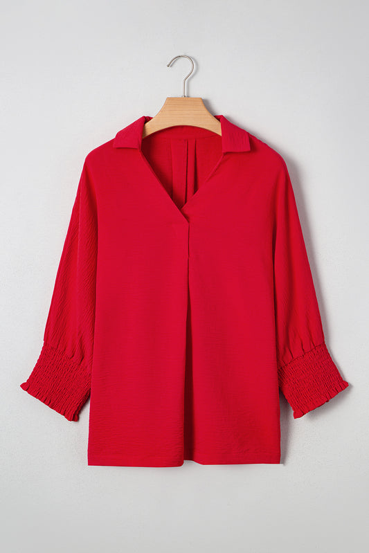 Fiery Red V Neck Collared Shirred 3/4 Sleeve Oversized Tunic Top