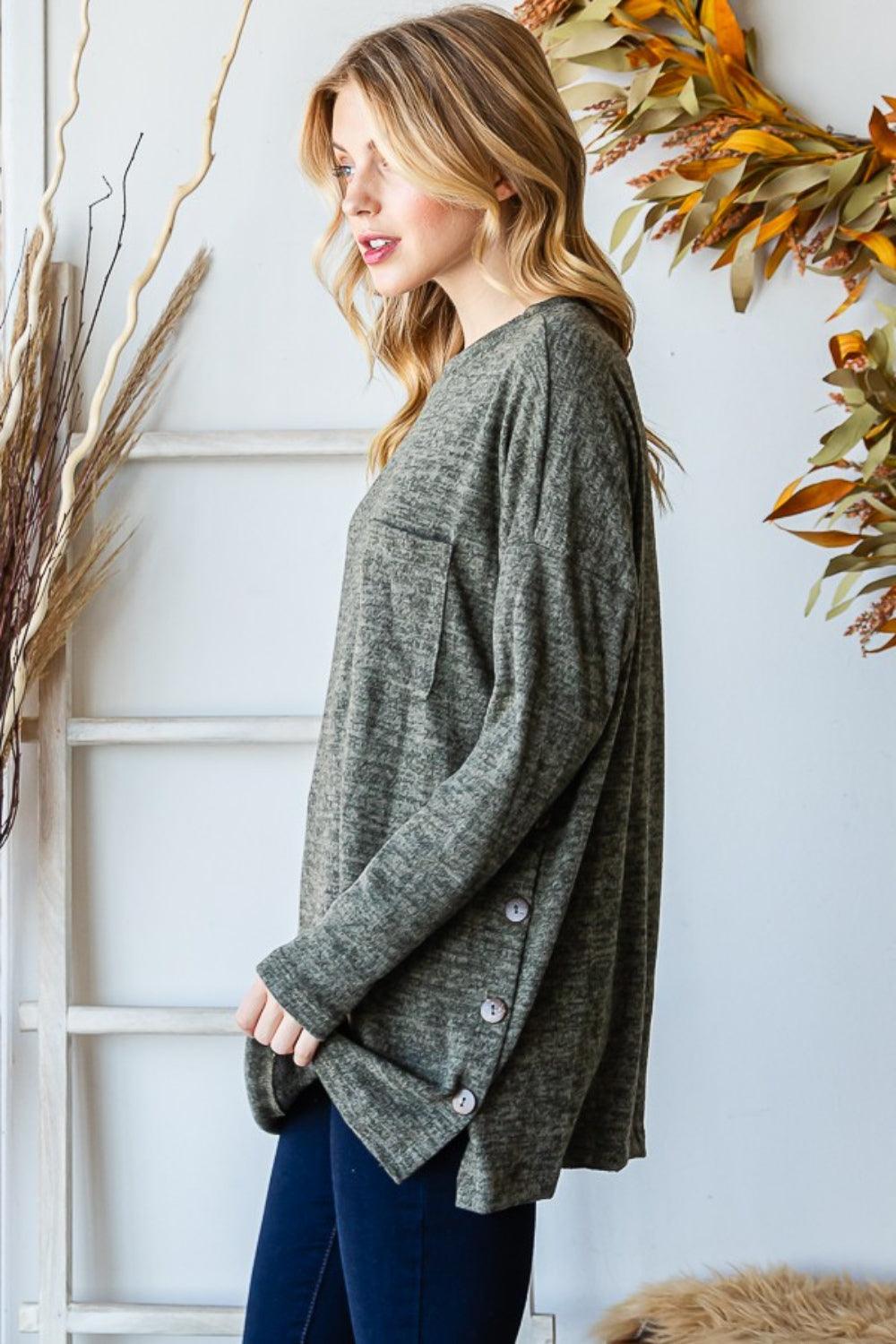Reborn J Button Side Round Neck Long Sleeve T-Shirt Carauana Store