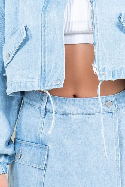 American Bazi Drawstring Waist Crop Denim Jacket Carauana Store