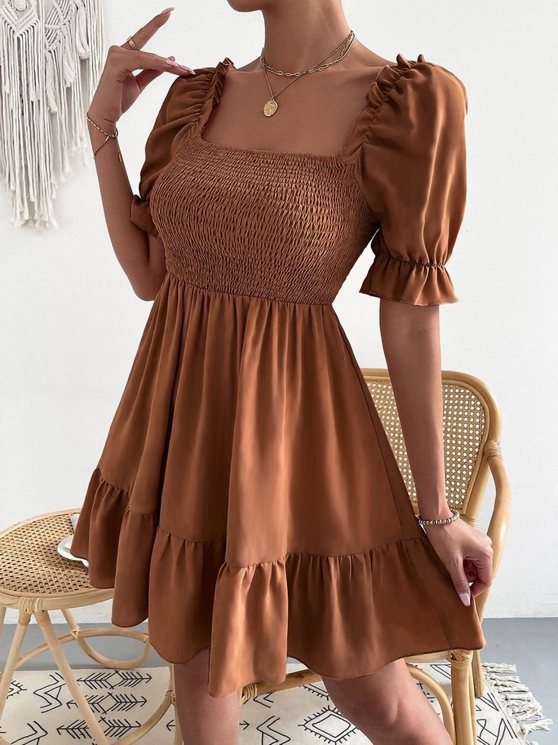 Smocked Square Neck Short Sleeve Dress Carauana Store