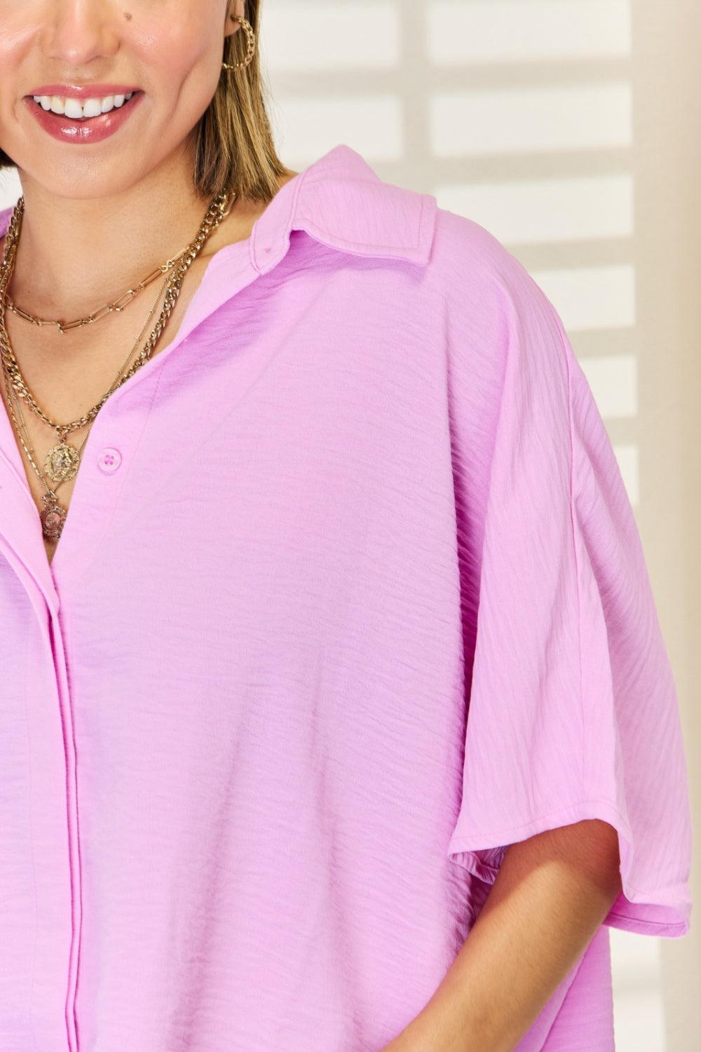 Zenana Texture Button Up Short Sleeve High-Low Shirt Carauana Store