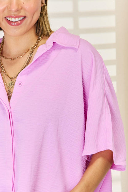 Zenana Texture Button Up Short Sleeve High-Low Shirt Carauana Store