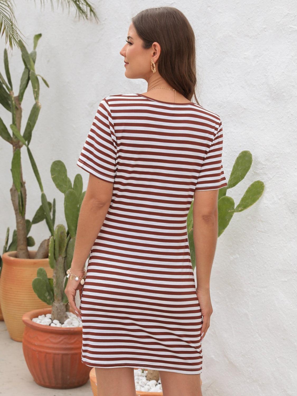 Cutout Striped Round Neck Short Sleeve Dress Carauana Store