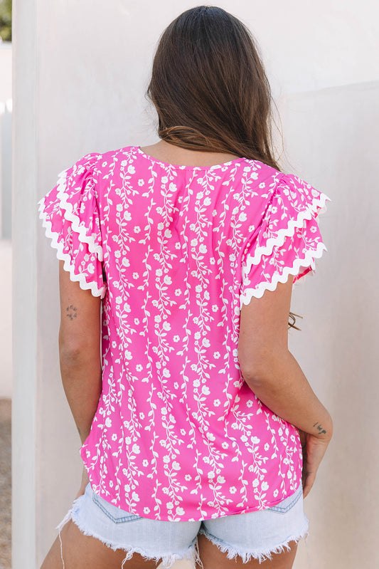 Pink Floral Print Ric-rac Tiered Ruffled V Neck Blouse