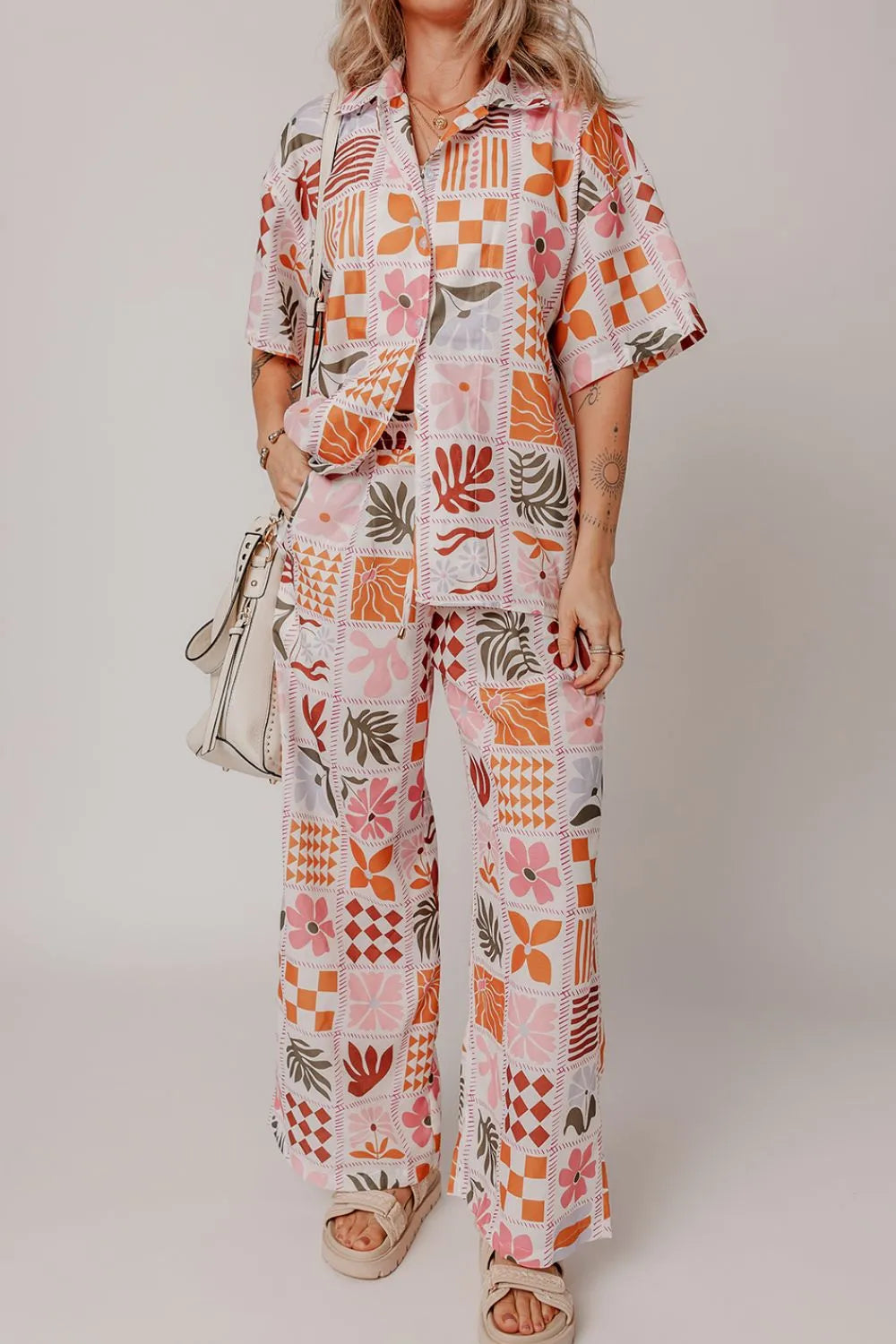 Printed Collared Neck Shirt and Wide Leg Pants Set Carauana Store