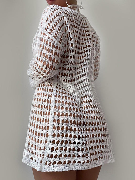 Openwork Boat Neck Long Sleeve Cover-Up Carauana Store