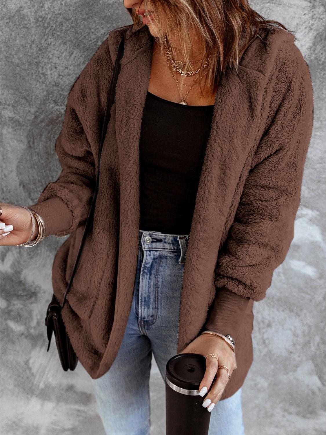 Open Front Hooded Faux Fur Outwear with Pockets Carauana Store