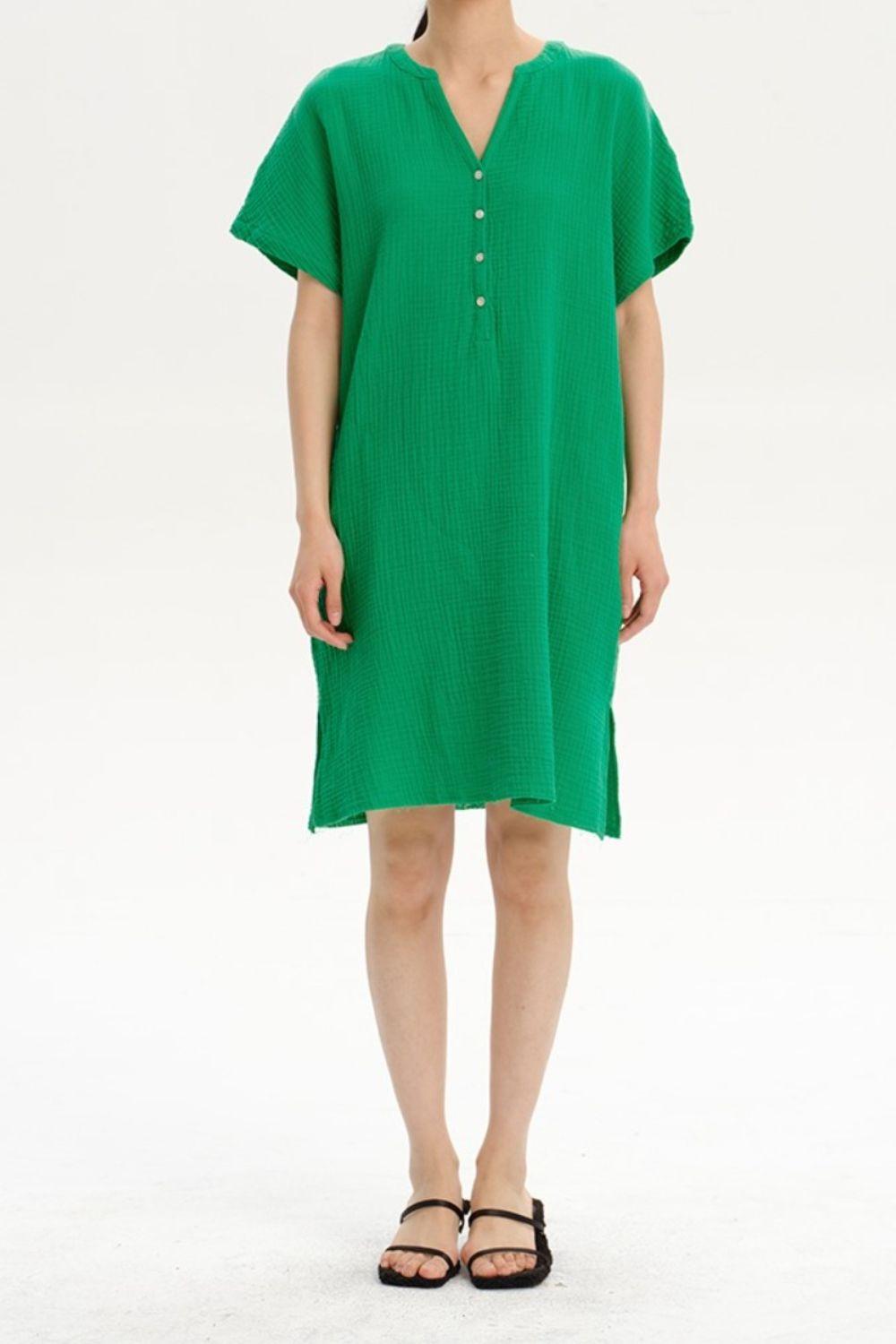 Slit Notched Short Sleeve Mini Dress Carauana Store
