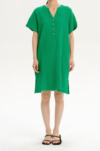 Slit Notched Short Sleeve Mini Dress Carauana Store