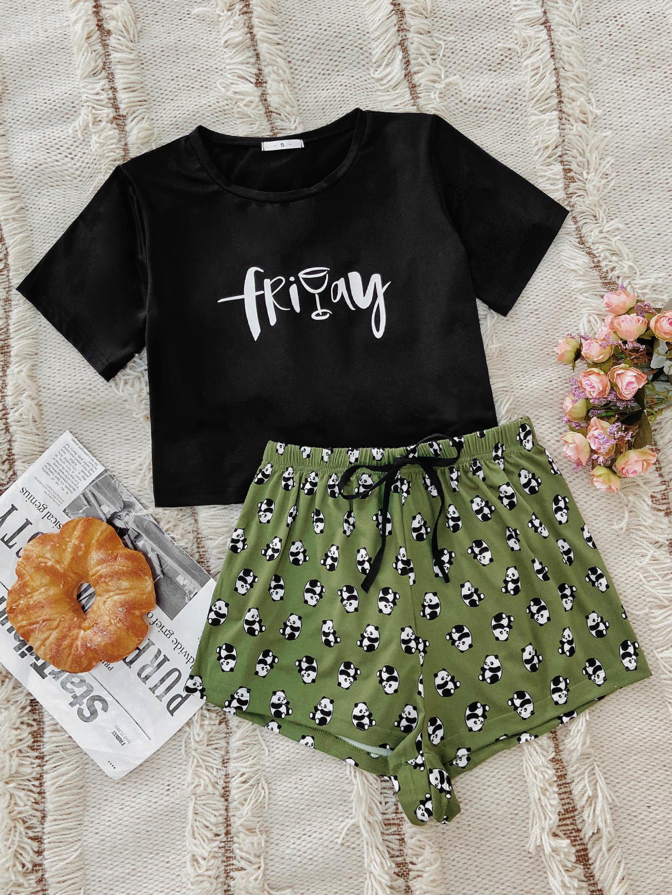 Graphic Tee and Panda Print Shorts Lounge Set Carauana Store